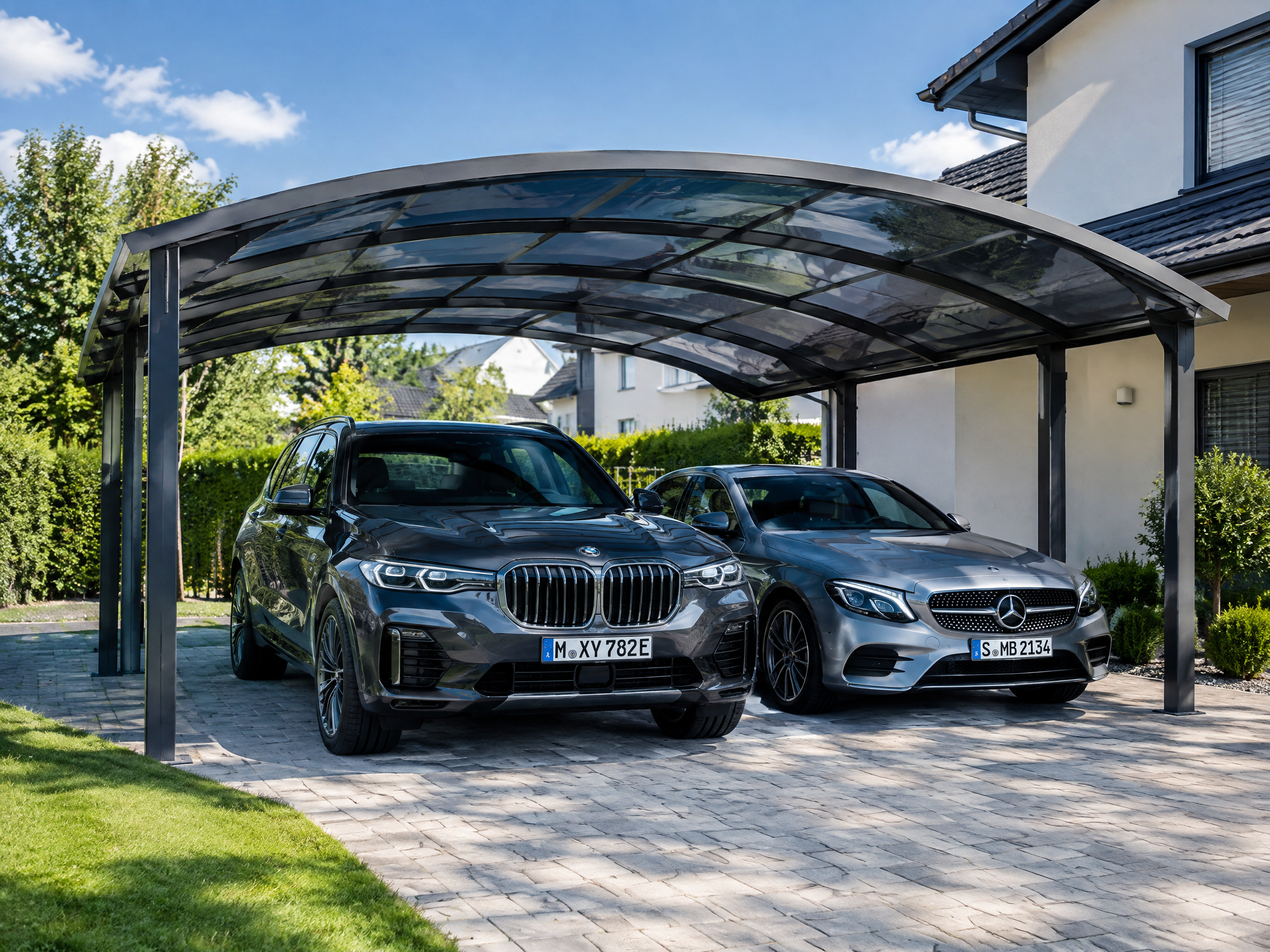 Modern open carport sheltering vehicles in a commercial setting