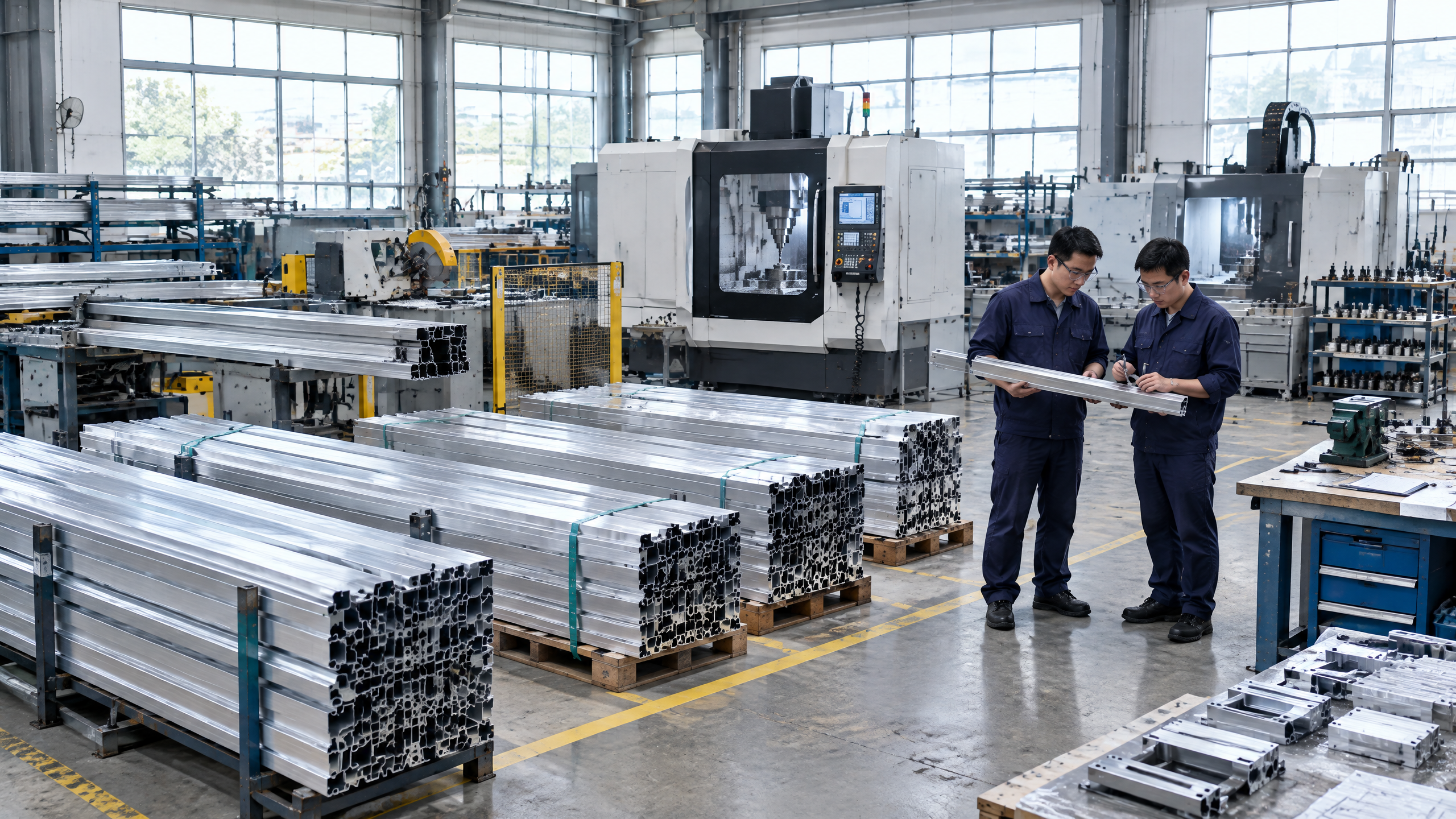 Industrial fabrication and aluminium profile preparation workshop