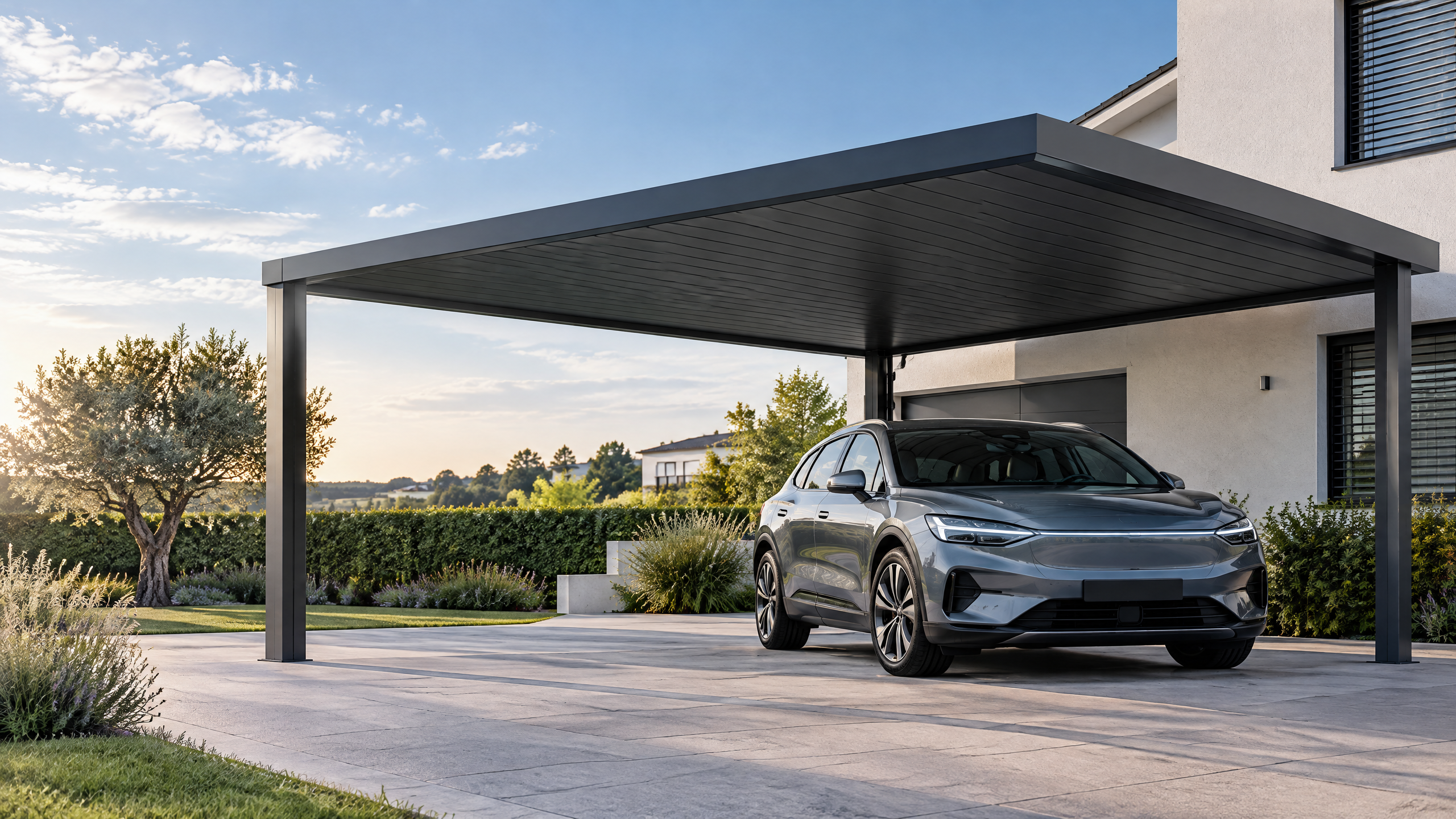 NordArch graphite aluminium carport beside a European villa