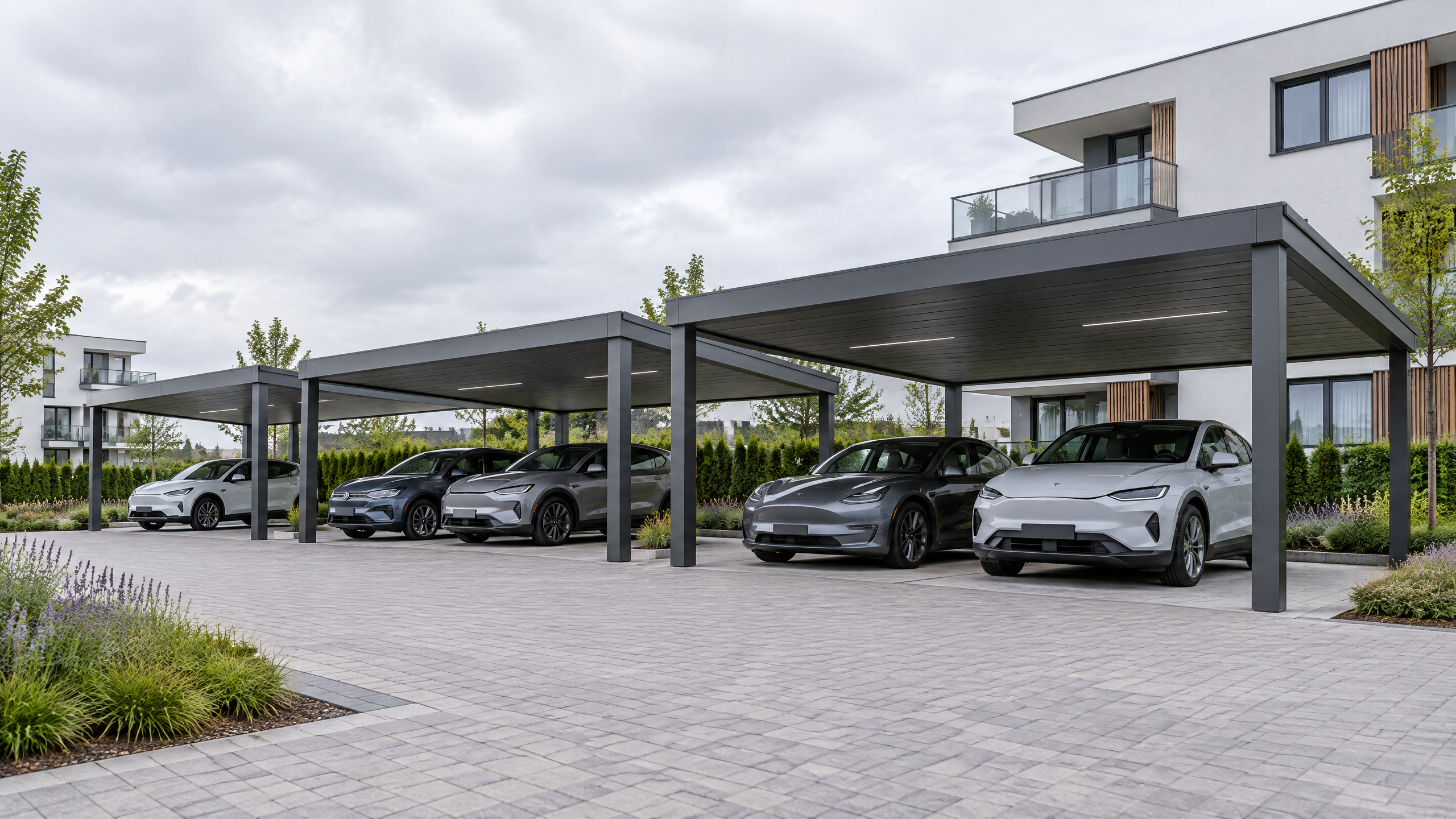 Multiple NordArch aluminium carport bays in a modern residential project