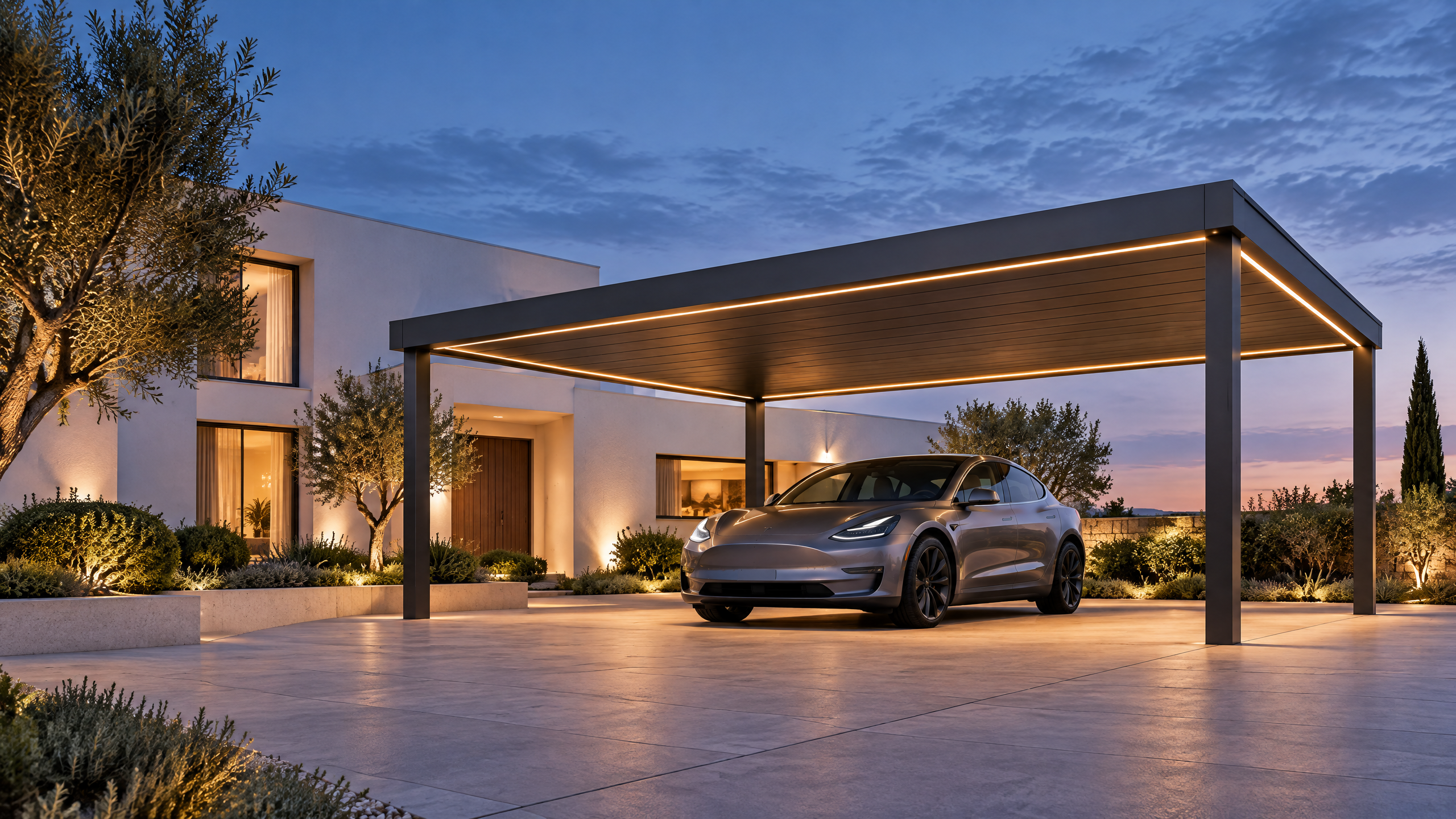 NordFlat villa carport illuminated at dusk