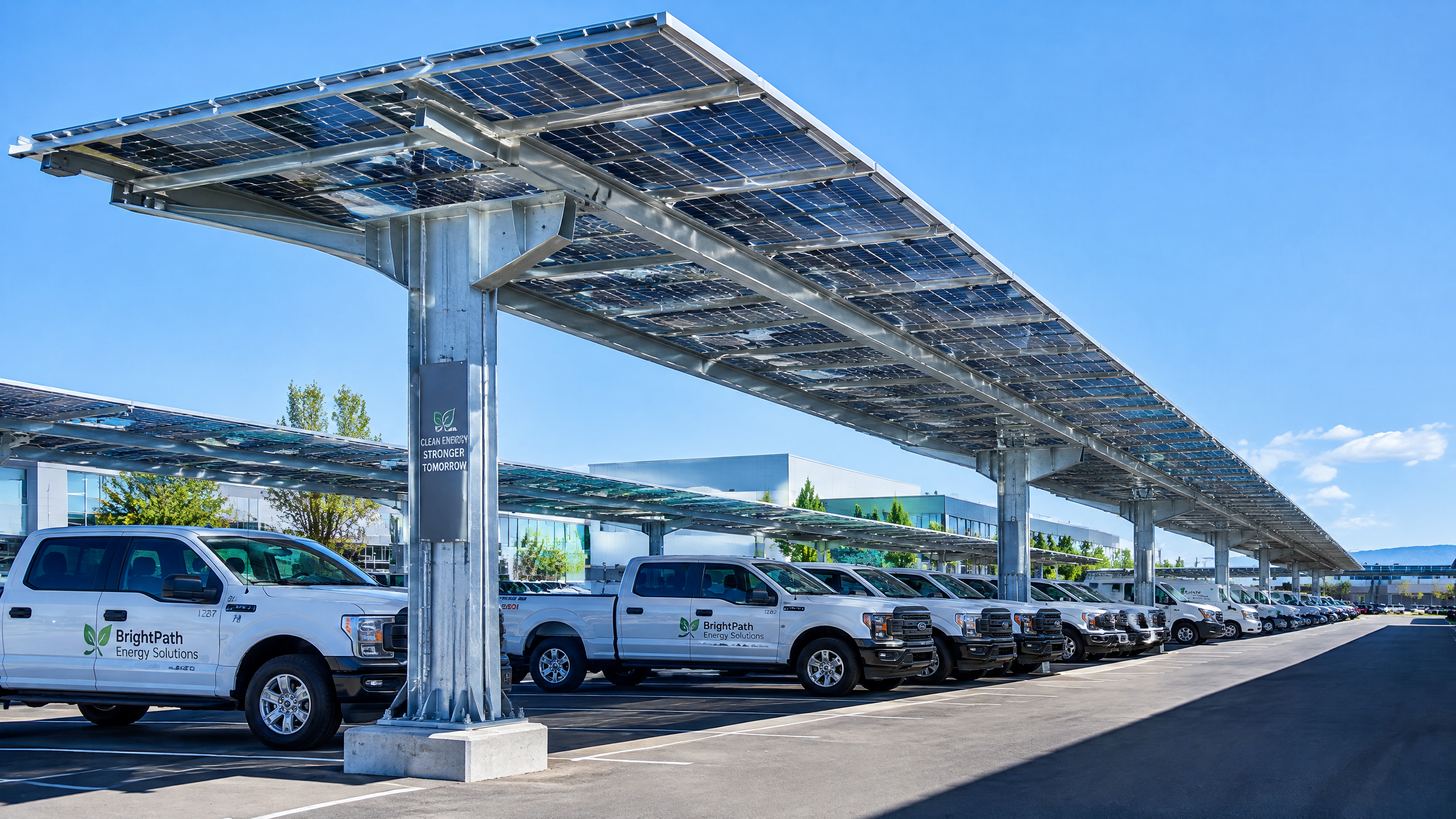 Solar carport canopy covering a row of commercial parking spaces