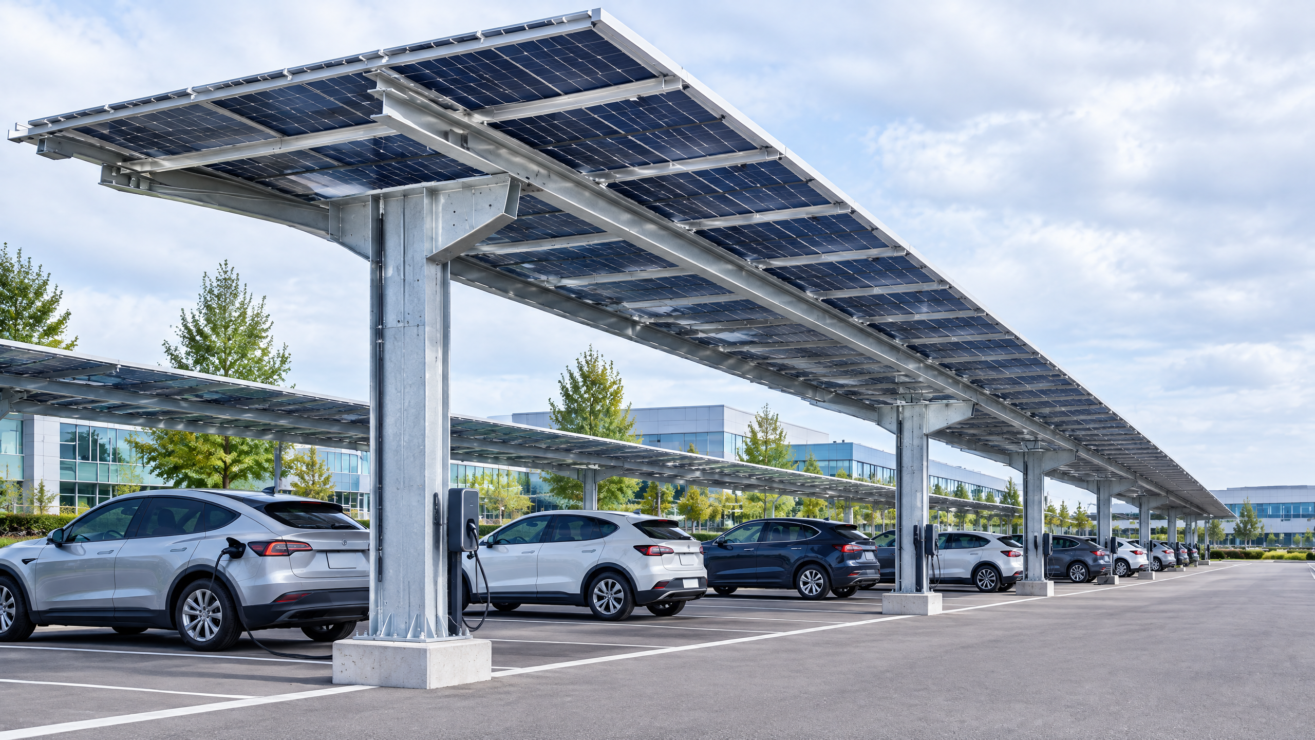 Commercial solar carport with EV charging at an office parking lot