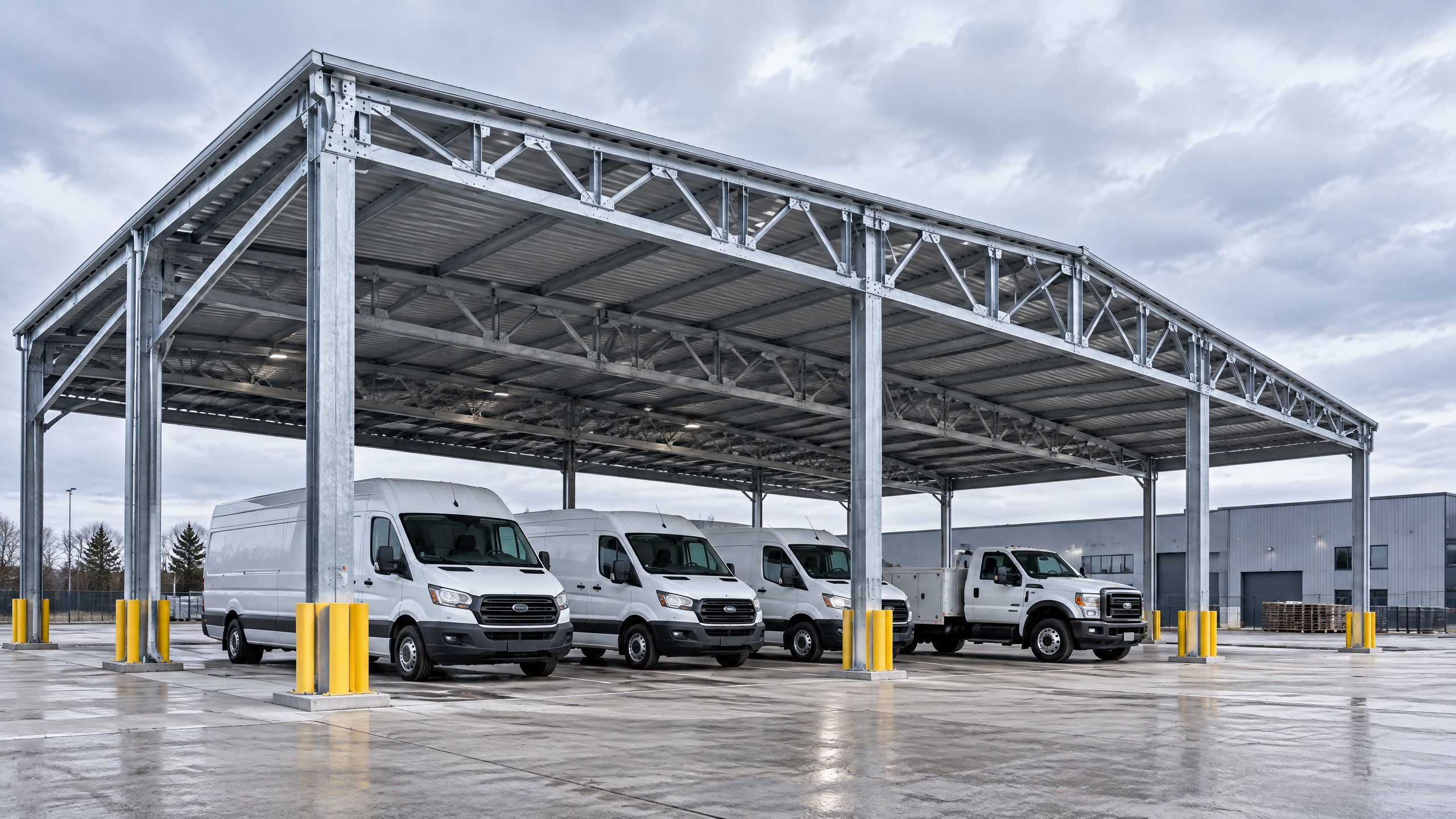 Titan clear-span logistics fleet shelter with delivery vans
